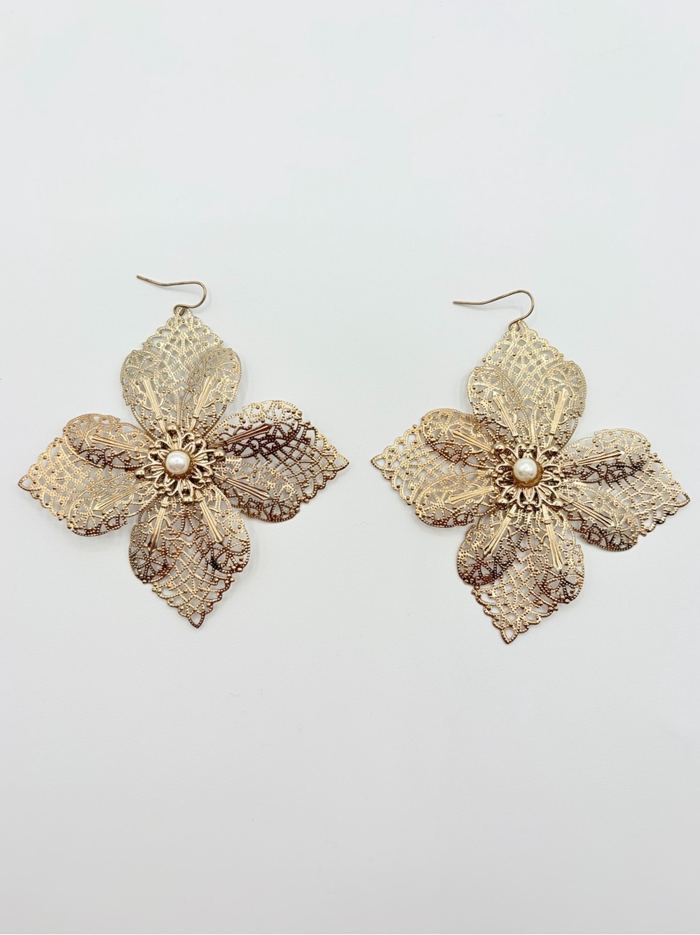 Gold Tone Filigree Flower Pearl Drop Earrings Statement Boho